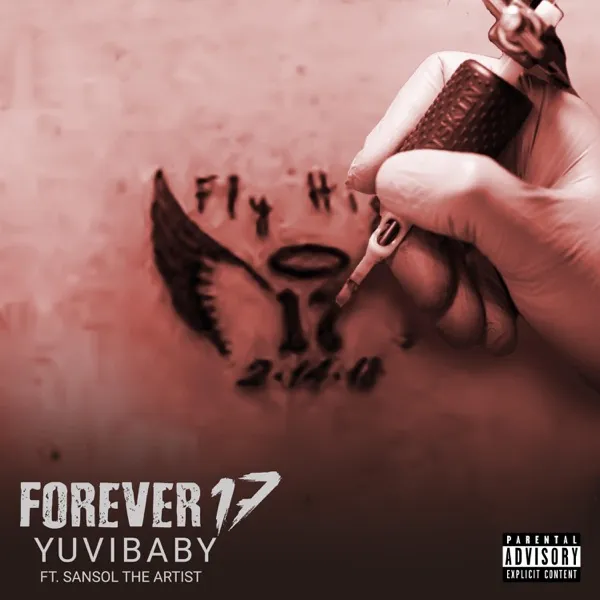 Forever 17 single cover: a hand tattooing a winged heart with the date 2-14-18.