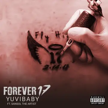 Forever 17 single cover: a hand tattooing a winged heart with the date 2-14-18.